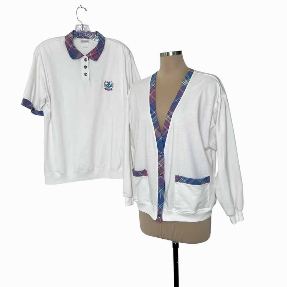 Vintage Womens Jantzen Cardigan Set Large Sweater Polo Shirt White Plaid Trim